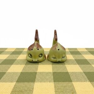 Vintage Chartreuse Whale Salt Pepper Shakers Japan, Mid Century Anthropomorphic